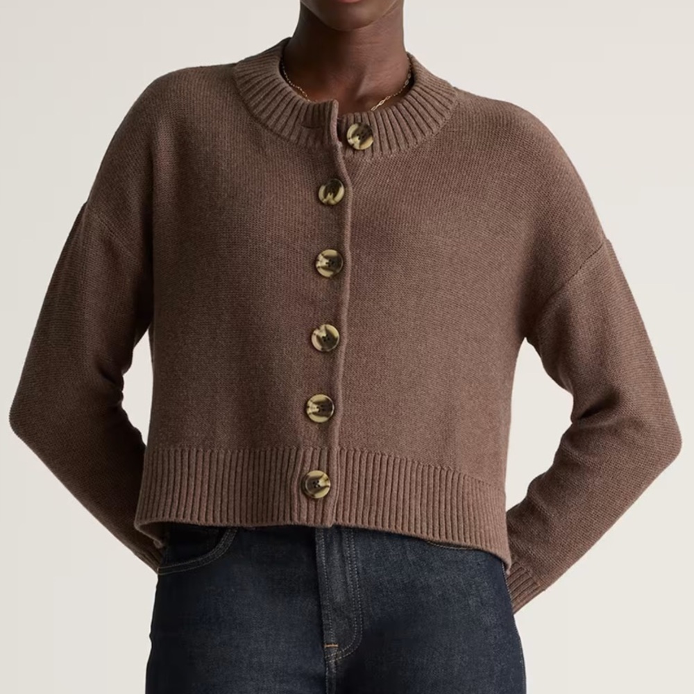 Quince Chocolate Heather Brown Cotton Cropped Cardigan Sweater